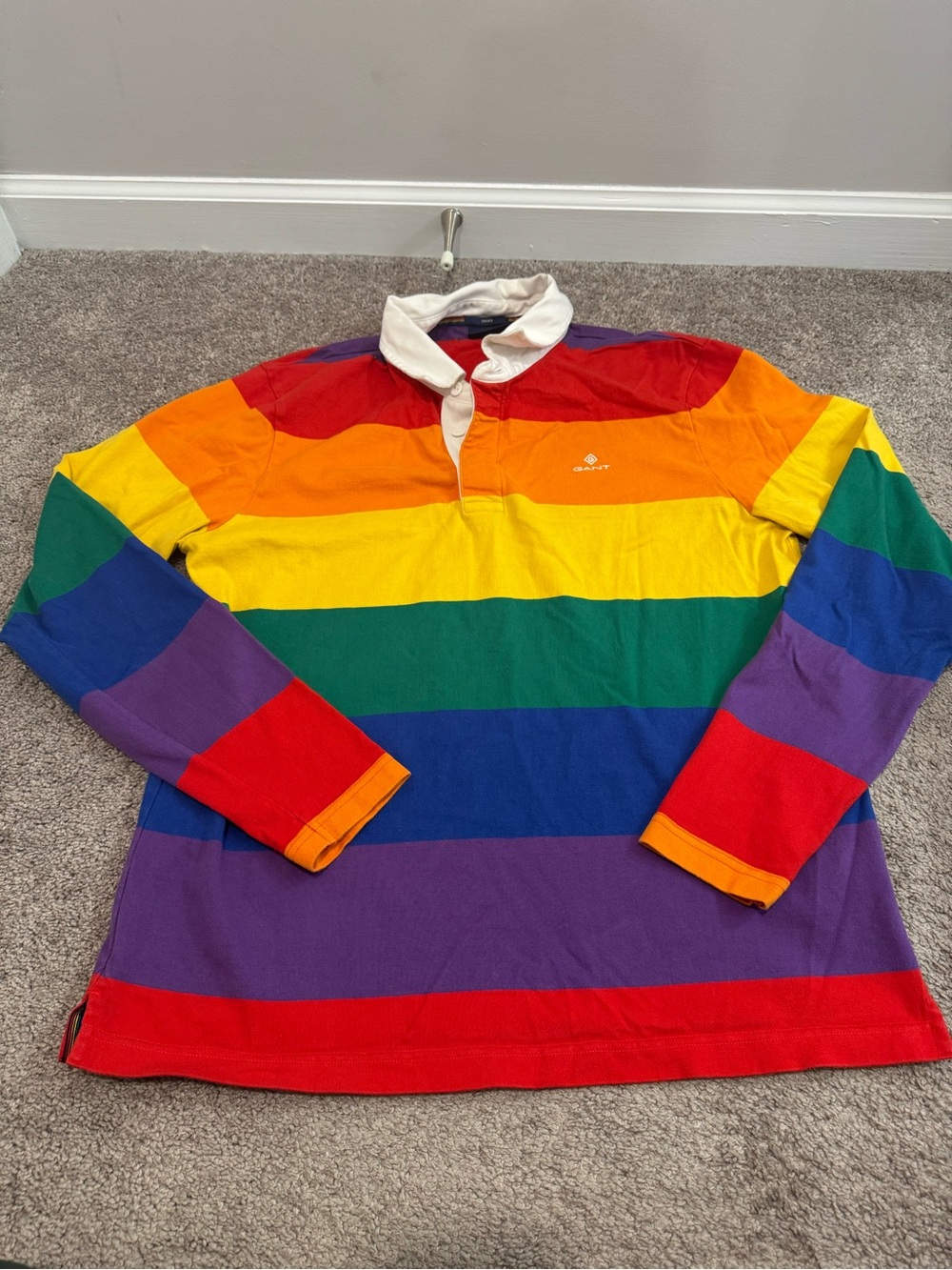 Gant Rainbow-Stripe Rugby Shirt with White Collar
